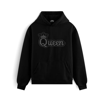 Quenn Taş Baskılı Kapüşonlu İçi Polarlı Oversize Hoodie Sweatshirt