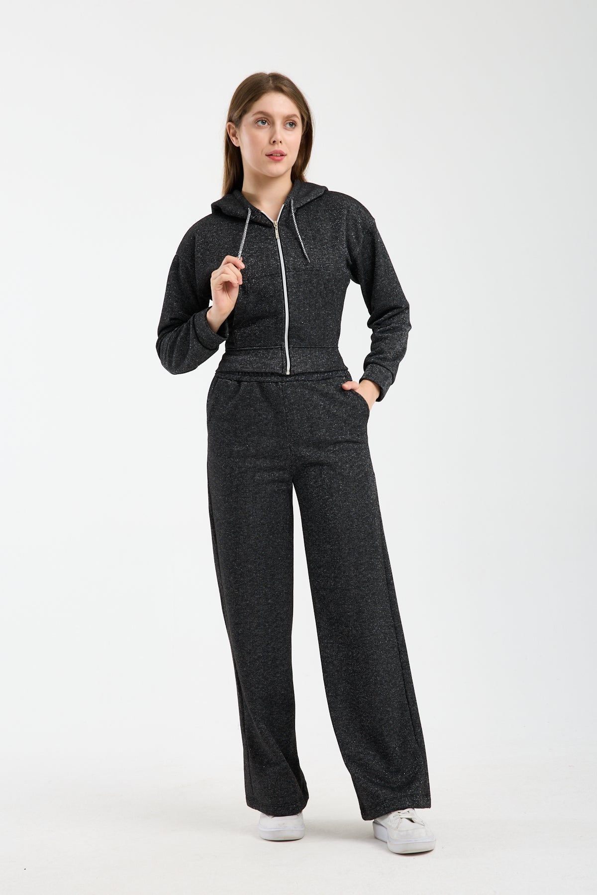 Kadın Simli Parıltılı Kumaş Üst Fermuarlı Tracksuit