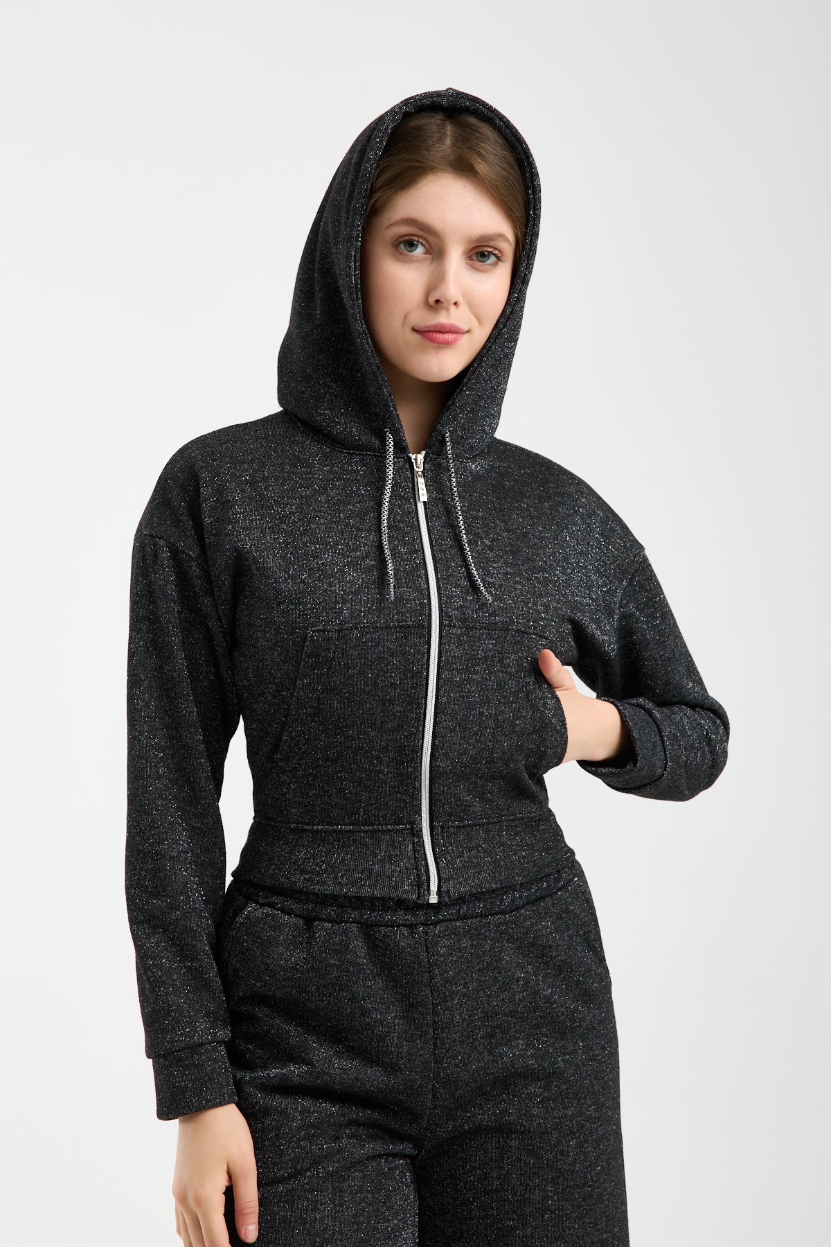 Kadın Simli Parıltılı Kumaş Üst Fermuarlı Tracksuit