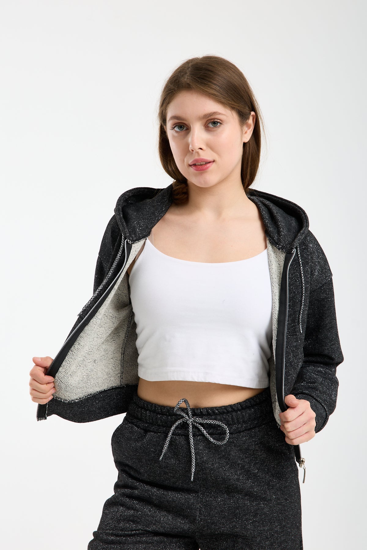 Kadın Simli Parıltılı Kumaş Üst Fermuarlı Tracksuit